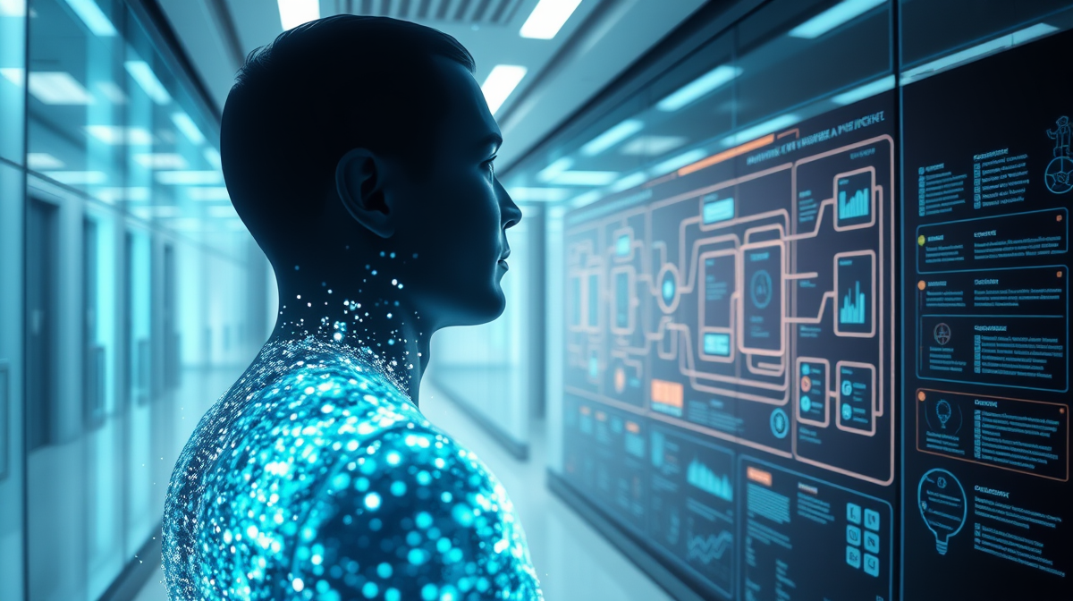 Human figure merging with digital AI control panel, symbolizing autonomy.