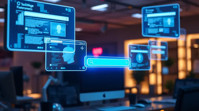 Multiple AI-driven browser windows with chat assistant in futuristic workspace