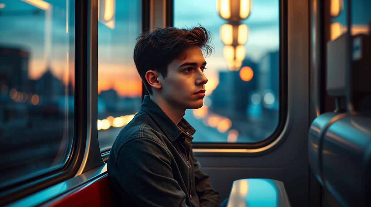 Man on train window, AI-generated DMs floating beside him