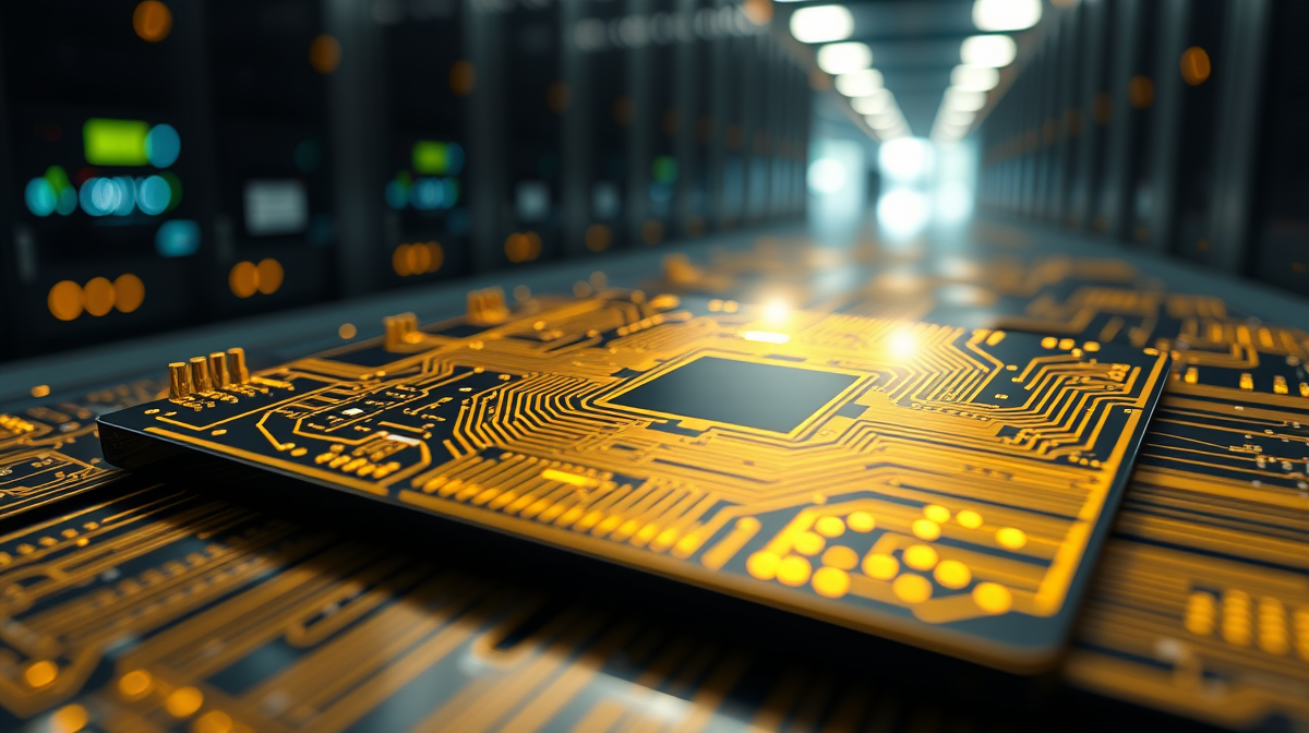 Custom AI chip design on silicon wafer with glowing circuitry