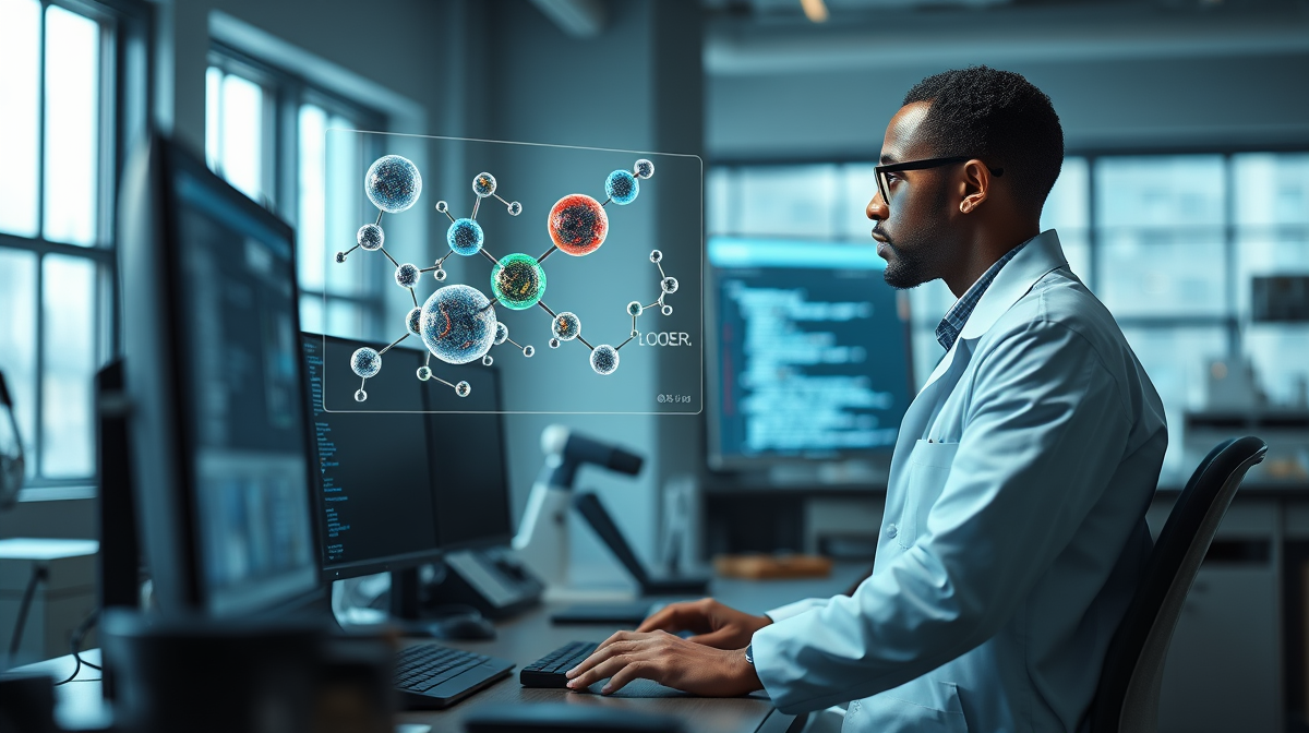 Scientist using AI assistant to view 3D protein structures and code