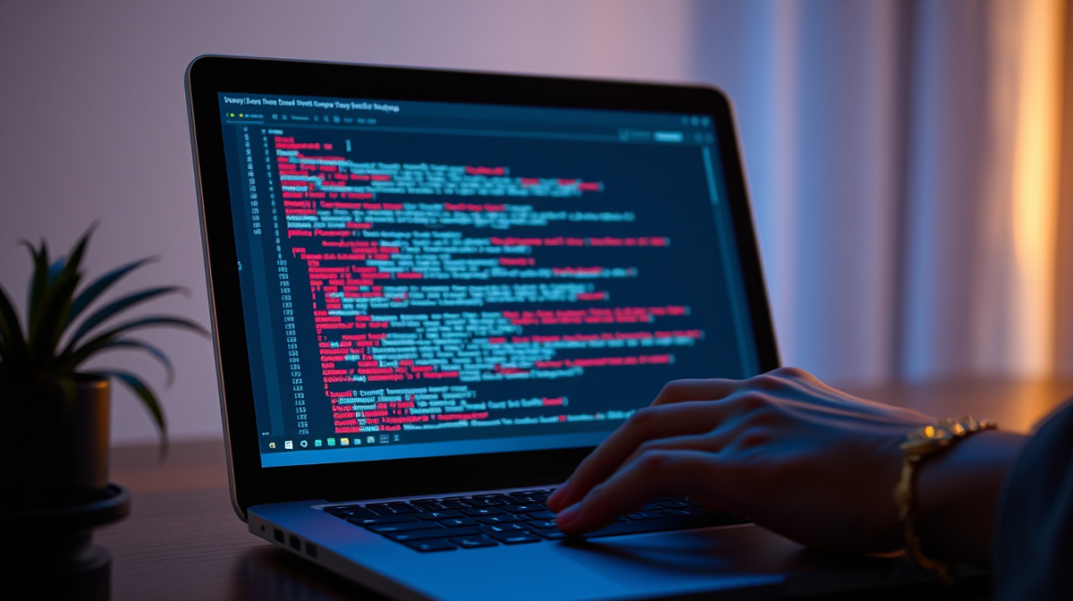 Developer's laptop with hidden tracking code overlay in dim room