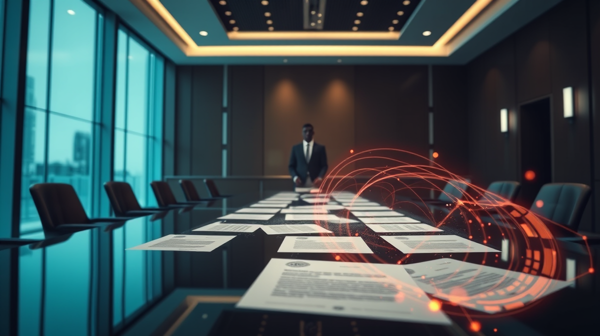 Silhouette of a tech executive in a courtroom with glowing AI network overlay