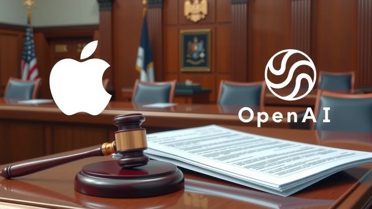 Apple and OpenAI logos in a courtroom setting, symbolizing the trade secrets lawsuit