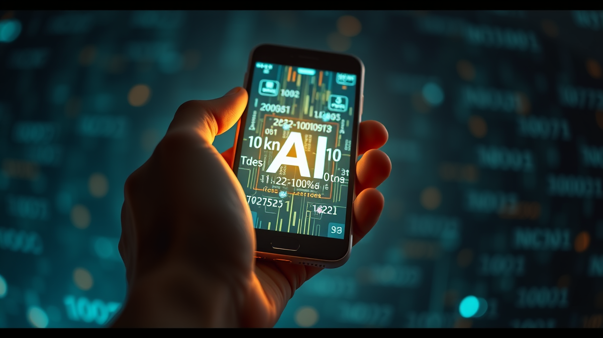 Hand holding smartphone showing AI coding interface on screen