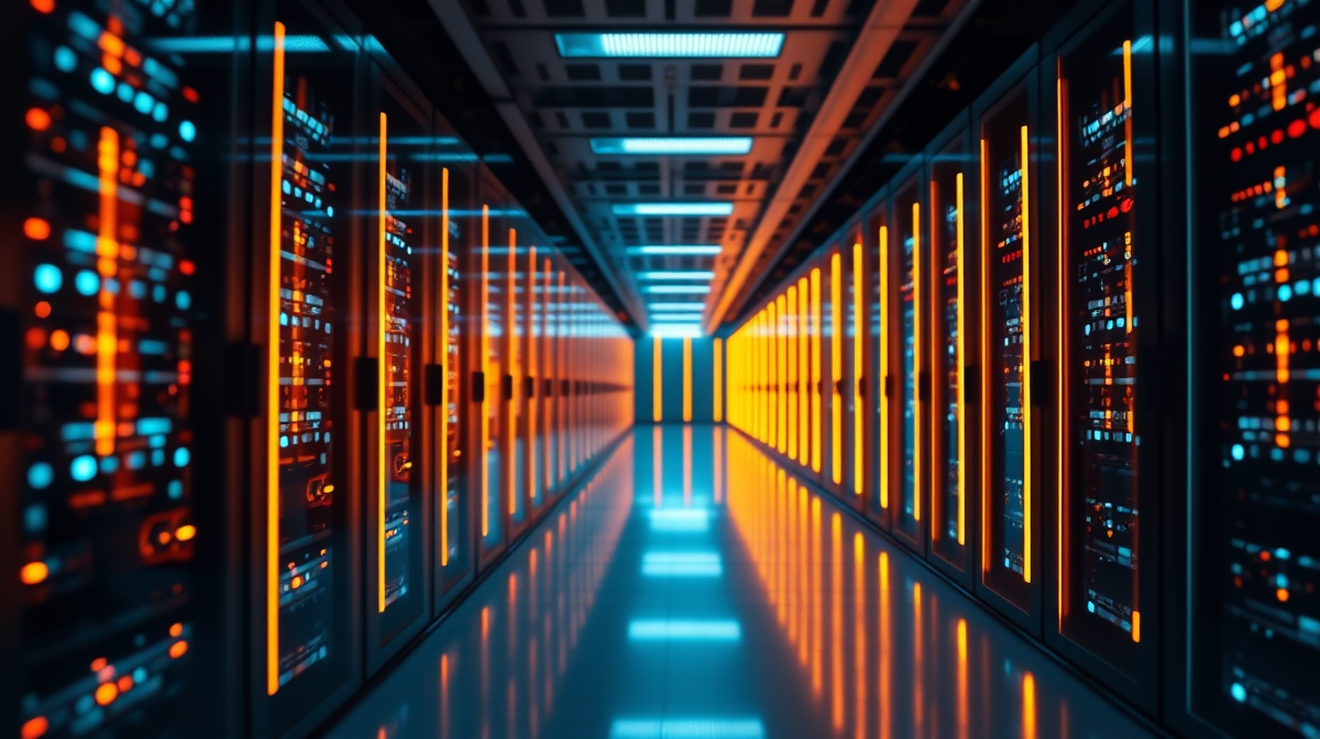 Illustrated AI server room with illuminated data streams, symbolizing faster model inference.