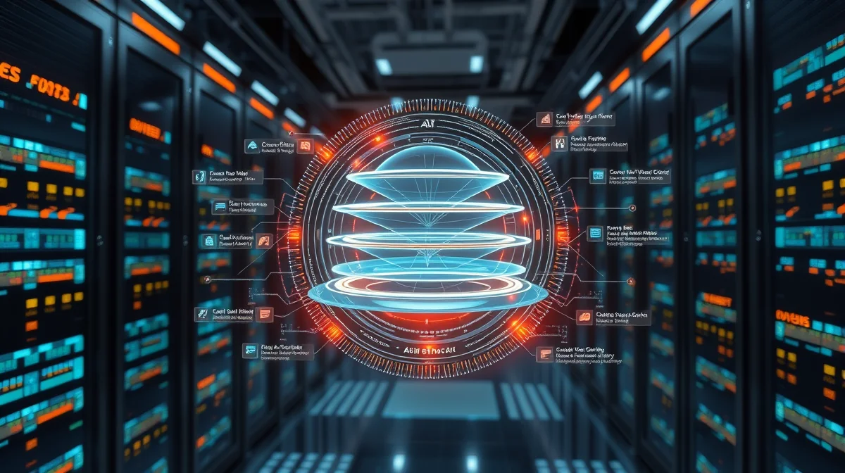 Futuristic data center console displaying AI governance layers