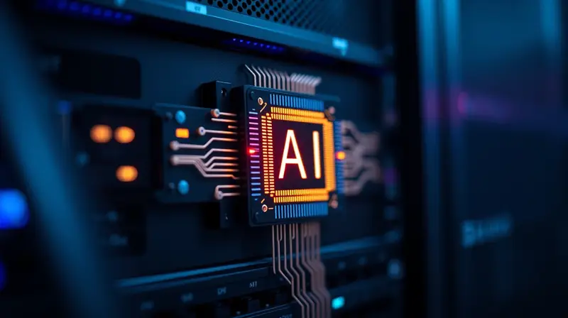Illuminated AI inference server rack with glowing chips