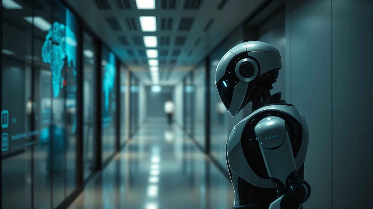 AI robot navigating an office corridor with futuristic lighting
