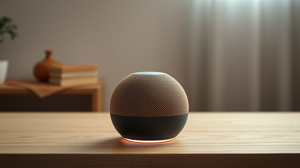Round Google Home Speaker with fabric finish and glowing light ring on a table