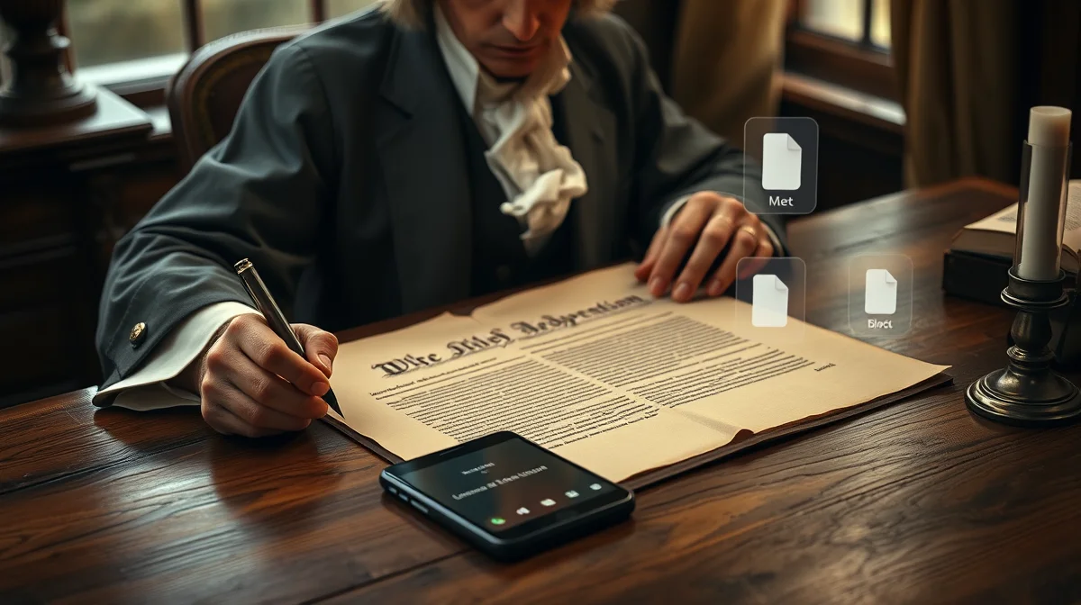 Thomas Jefferson drafting Declaration on parchment, surrounded by subtle Google collaboration icons
