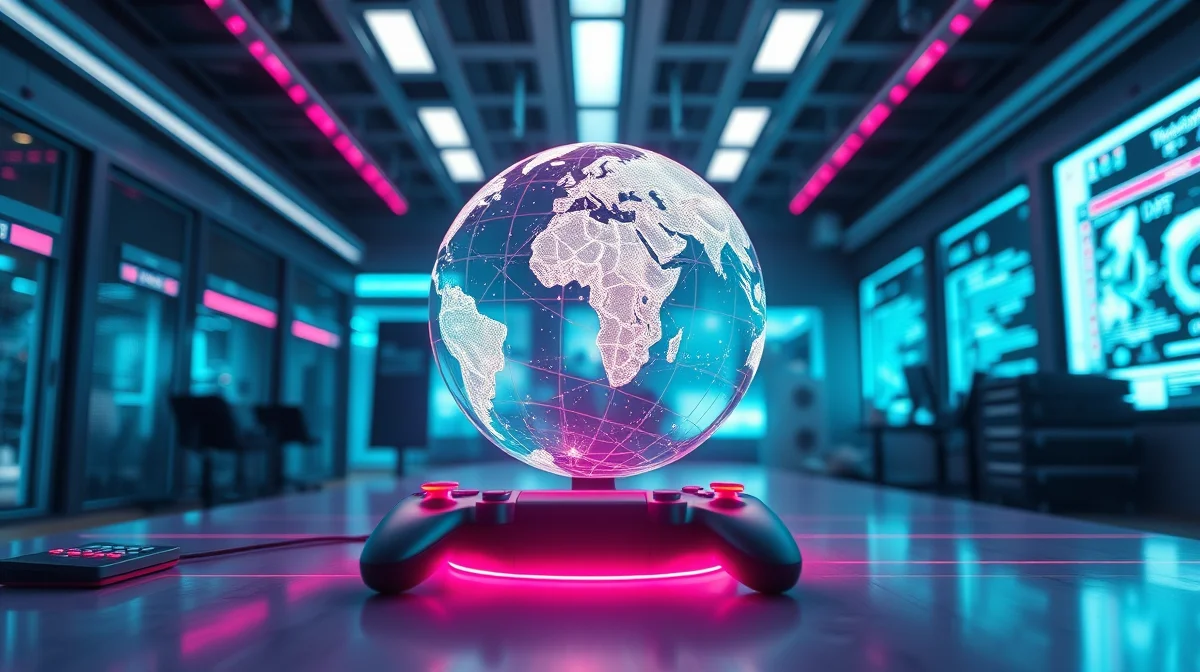 Holographic globe with gaming data streams in a futuristic AI lab
