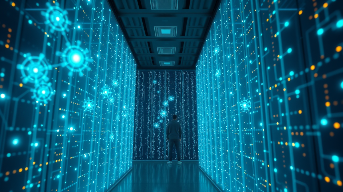 Futuristic data center with glowing neural network nodes representing a large language model
