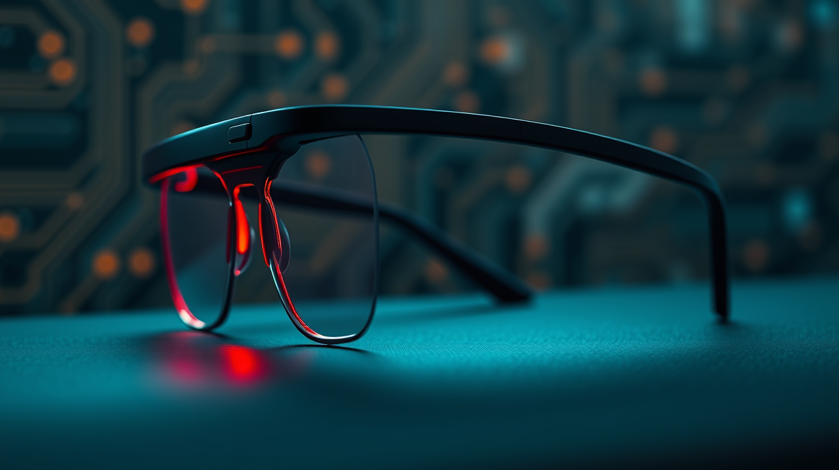 AR glasses with glowing recording LED on a modern tabletop