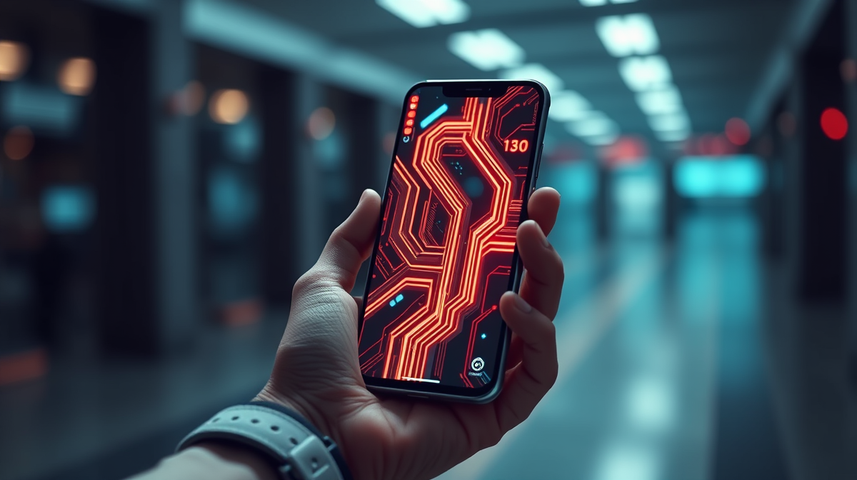 Person using a phone showing AI-generated image in a modern setting