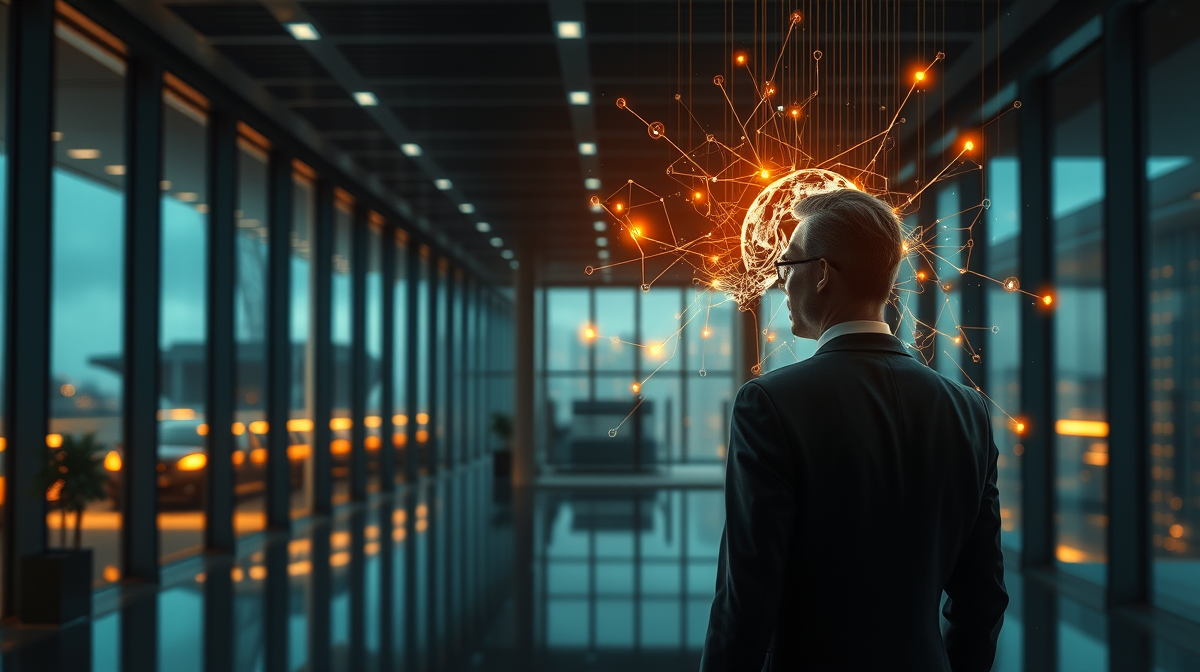 Corporate office with AI network overlay symbolizing restructuring