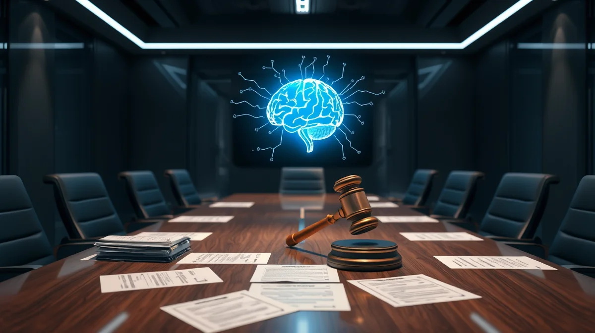 Glowing AI brain and gavel beside legal documents on a modern conference table