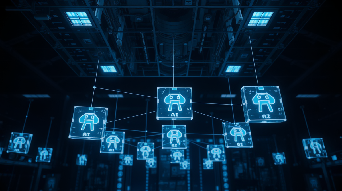 Illustration of interconnected AI models with a looming co-failure ceiling