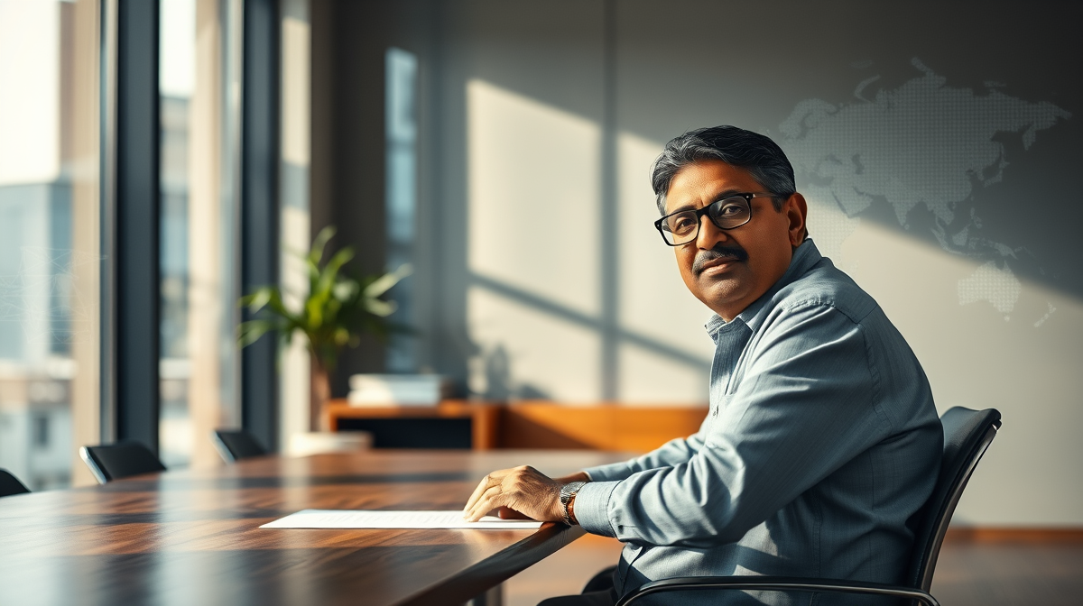 Nandan Nilekani mentoring AI startups in a modern office.