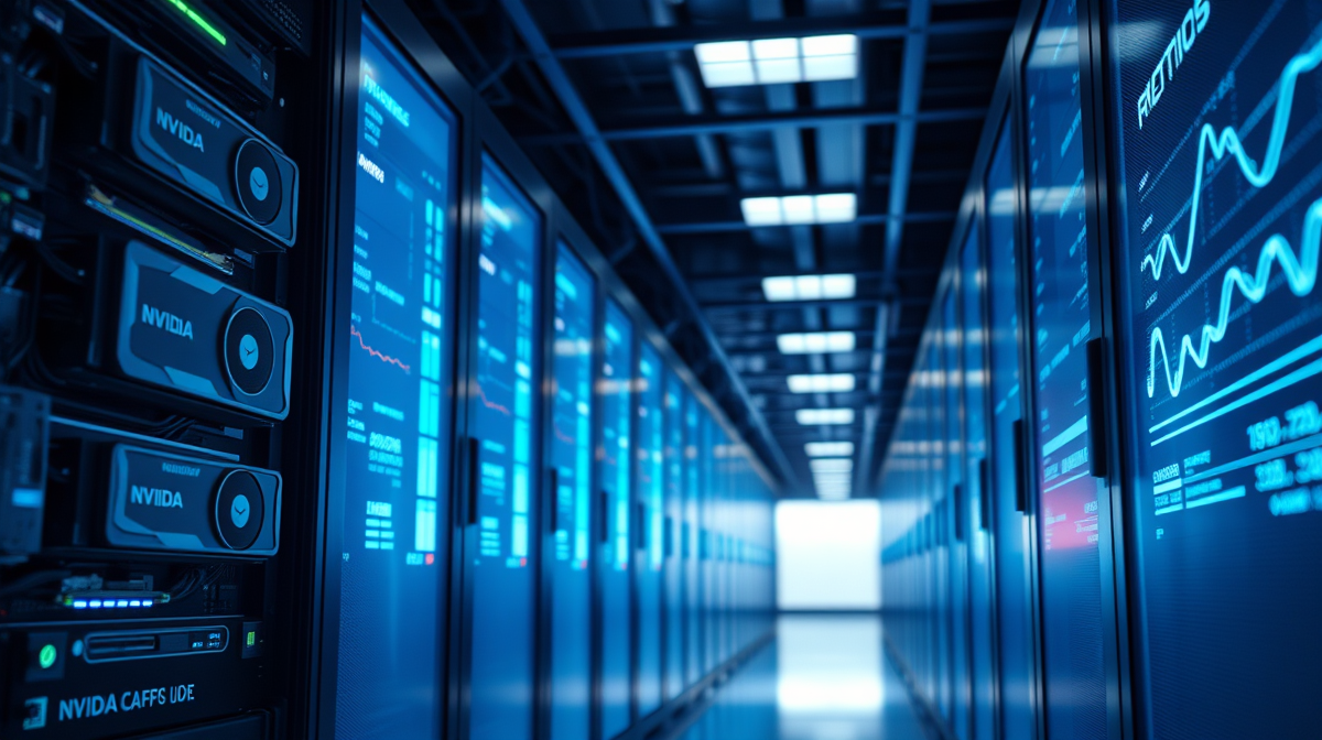 Data center aisle with Nvidia GPUs and Micron DRAM modules under blue light