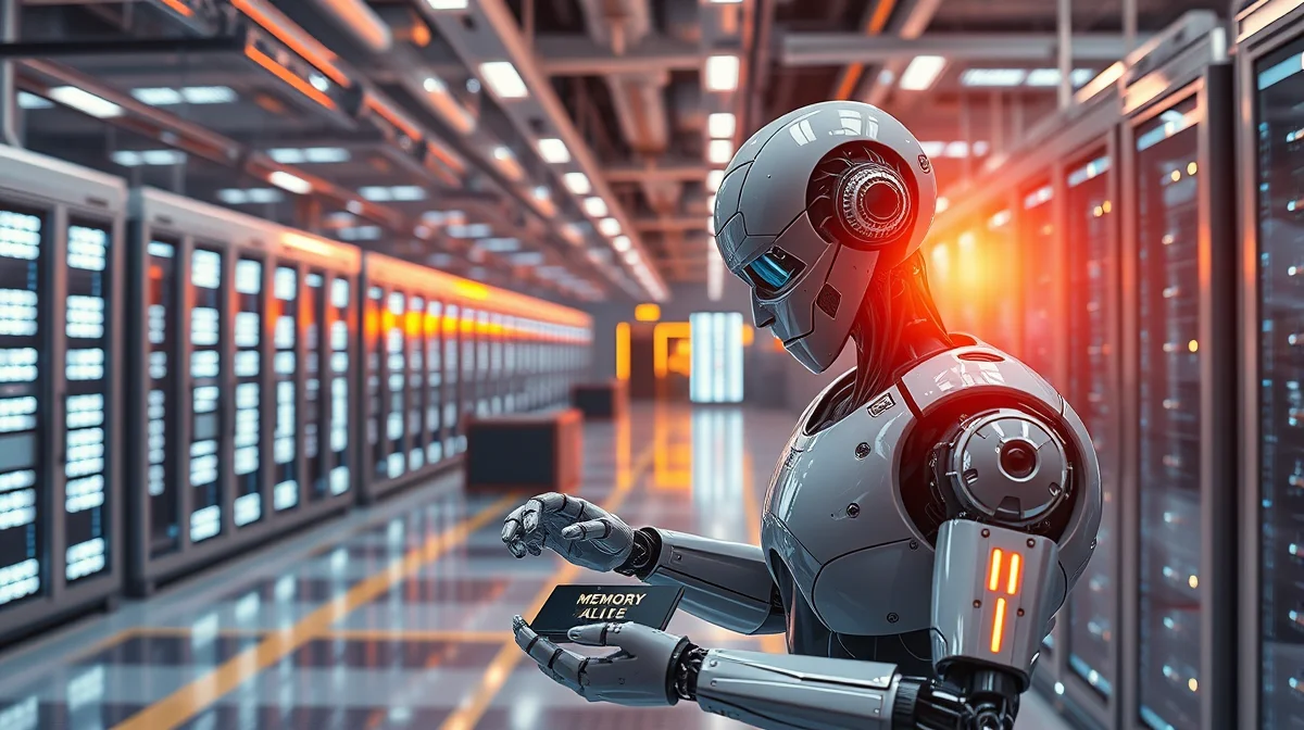 Humanoid robot in a high-tech semiconductor plant and data center.
