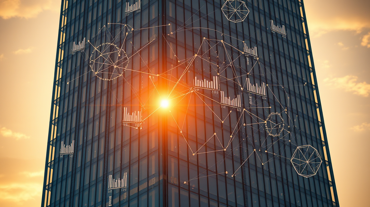 Glass skyscraper reflecting AI investment surge at sunset