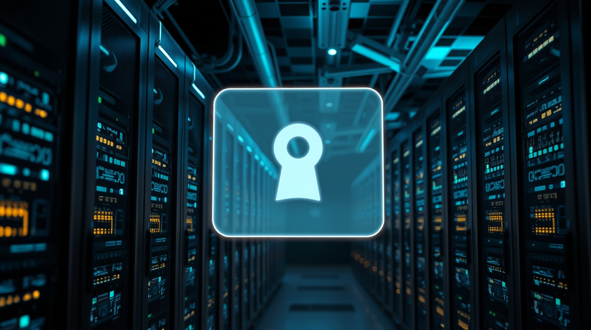 Futuristic data center with glowing AI nodes and a privacy shield