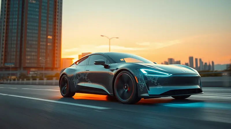 Sleek autonomous vehicle with glowing neural network overlay on futuristic road