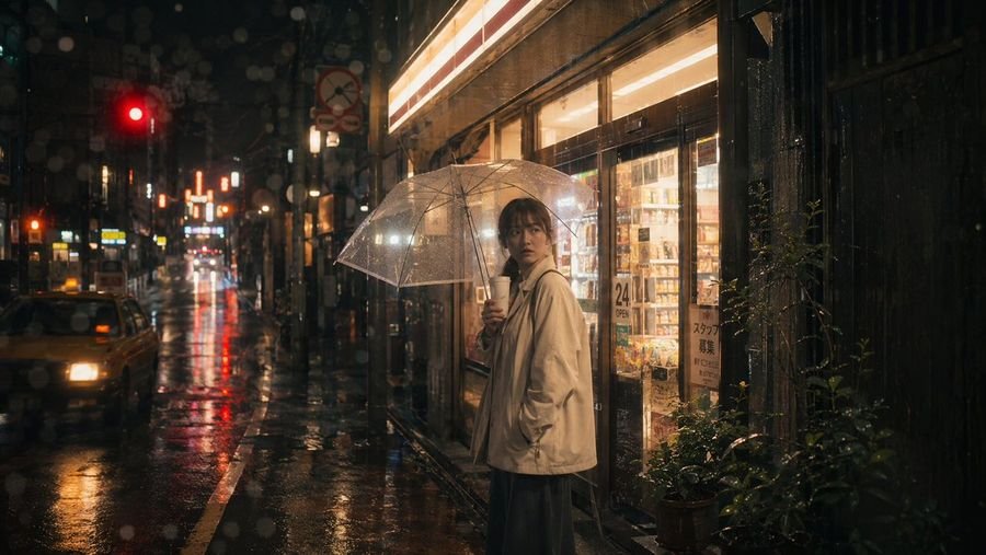 Rainy Tokyo Convenience Store Scene