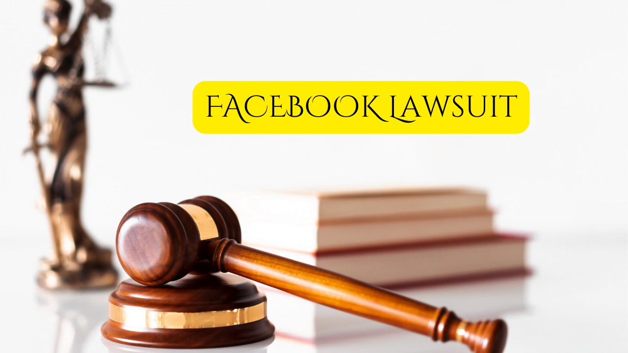 Illustration of scales of justice with overlaid text: Facebook Lawsuit