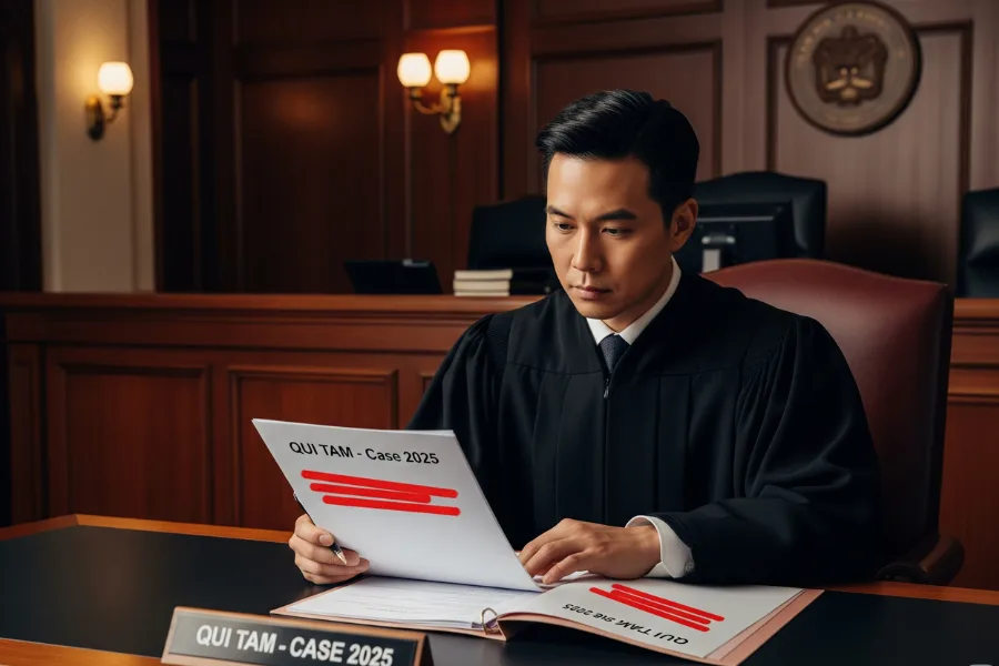 Federal judge reviewing qui tam case in courtroom